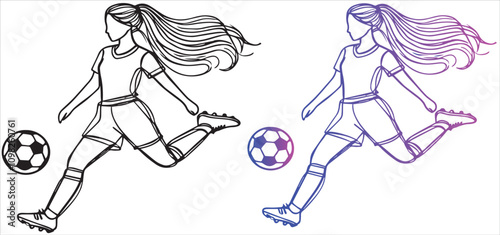 Football soccer girl with the ball, illustration, logo, ink, black and white, outline, isolated on a white background