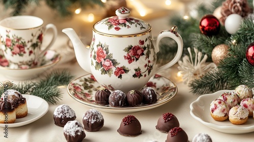 Wallpaper Mural Festive floral teapot, teacups, and assorted Christmas chocolates on a table with ornaments and evergreen branches. Torontodigital.ca
