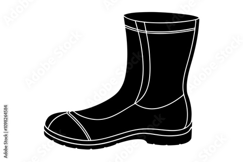 Black rubber boot standing straight in simple style isolated vector illustration,Symbolizing gardening, farming, and water protection, this black rubber boot silhouette represents a simple silhouette.