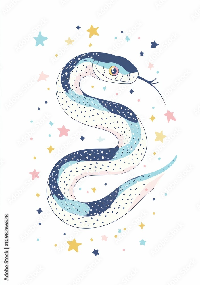 Obraz premium Colorful snake illustration surrounded by whimsical stars, featuring shades of blue and white, perfect for playful themes in design and creativity
