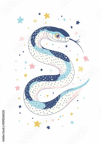 Colorful snake illustration surrounded by whimsical stars, featuring shades of blue and white, perfect for playful themes in design and creativity photo