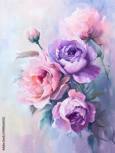 A painting of pink and purple roses with soft, dreamy background.
