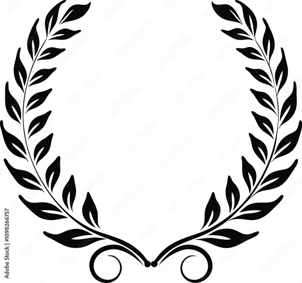 Obraz premium Black silhouettes of circular laurel foliate and wheat wreaths. Glyph Wheat wreath Circles Set Victory element, peace and winner, quality collection sign.