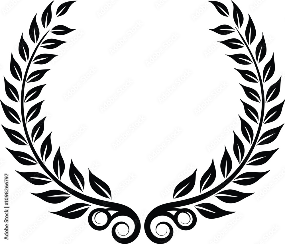 Obraz premium Black silhouettes of circular laurel foliate and wheat wreaths. Glyph Wheat wreath Circles Set Victory element, peace and winner, quality collection sign.