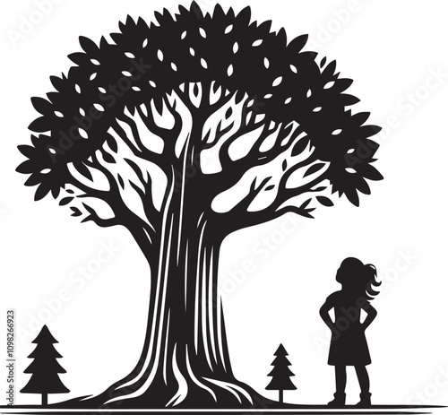 Child Contemplating a Majestic Tree in Nature. A captivating black and white illustration depicts a child standing beneath a large, detailed tree, gazing upwards.