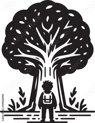 Child Contemplating a Majestic Tree in Nature. A captivating black and white illustration depicts a child standing beneath a large, detailed tree, gazing upwards.