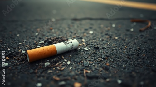 A discarded cigarette lies on a rough asphalt surface, its white filter stained with dirt, a stark reminder of the impact of littering on the environment.