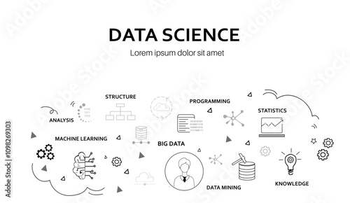 Data Science doodle vector banner with icons. Black and white illustration of data science with space for text.