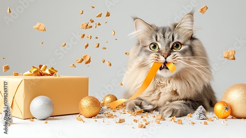 Playful Cat Surrounded by Holiday Decorations with a Gift Box and Shredded Wrapping Paper on a Light Background, Capturing the Spirit of Festivity and Fun