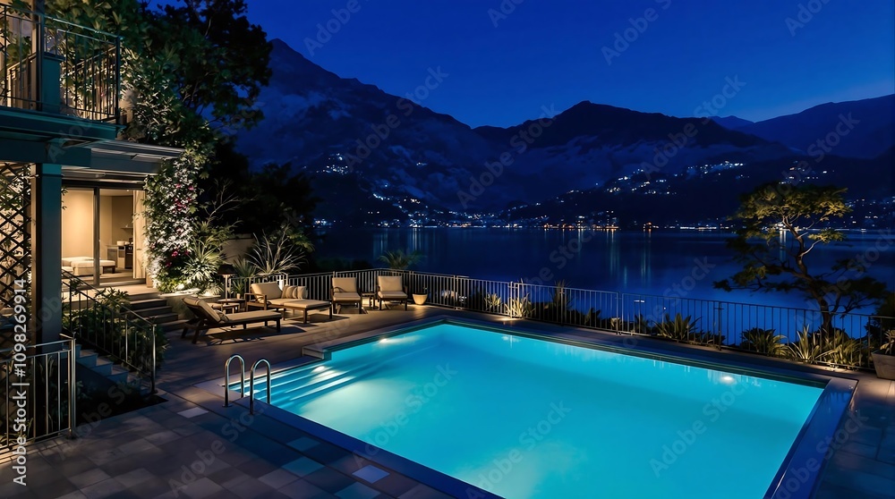 Obraz premium Luxurious Villa with Illuminated Pool by the Lake at Night. Generator AI