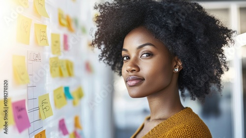 Empowered professional woman engaged in creative planning office space visual collaboration bright environment inspirational perspective photo