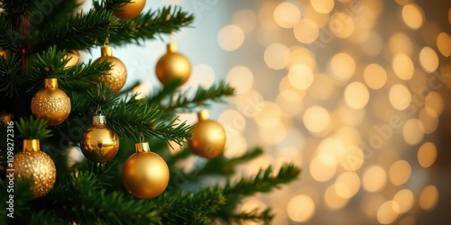 Golden Christmas Ornaments Adorned on a Festive Evergreen Tree with a Blurred Background of Sparkling Lights
