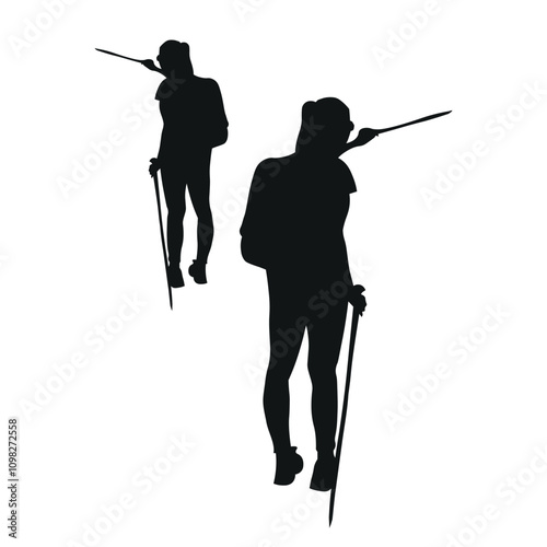 Tourist Girl black silhouette with a backpack shows the direction of travel with a trekking pole on white object isolated stock vector isolated for web, for print