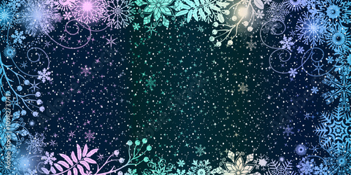 Vector Christmas colorful gradient card with white doodle snowflakes, berries, stars and copy space