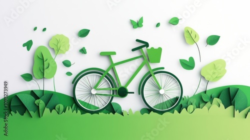A clean white background featuring a green bicycle, symbolizing eco-friendly transportation and healthy living, Simplified flat paper art illustration of