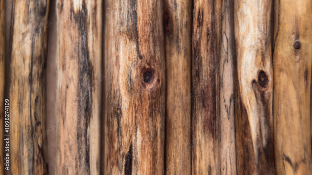 Fototapeta premium Selective focus. Close-up of weathered driftwood sticks arranged in a neat line, showcasing warm tones and vertical textures. Perfect for nature-inspired or creative backgrounds, rustic designs