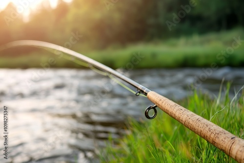 A tranquil scene capturing the tip of a fishing rod over a flowing river during sunset, surrounded by lush greenery. photo