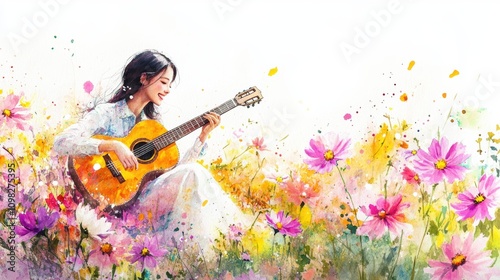 A young woman in a white dress plays an acoustic guitar while sitting in a field of pink and yellow flowers.