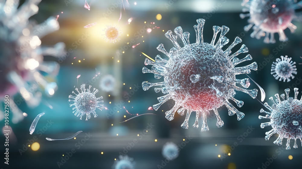 Obraz premium Microscopic view of a virus with intricate structures highlighted by glowing light, symbolizing the complexity and impact of viral diseases in a scientific context.