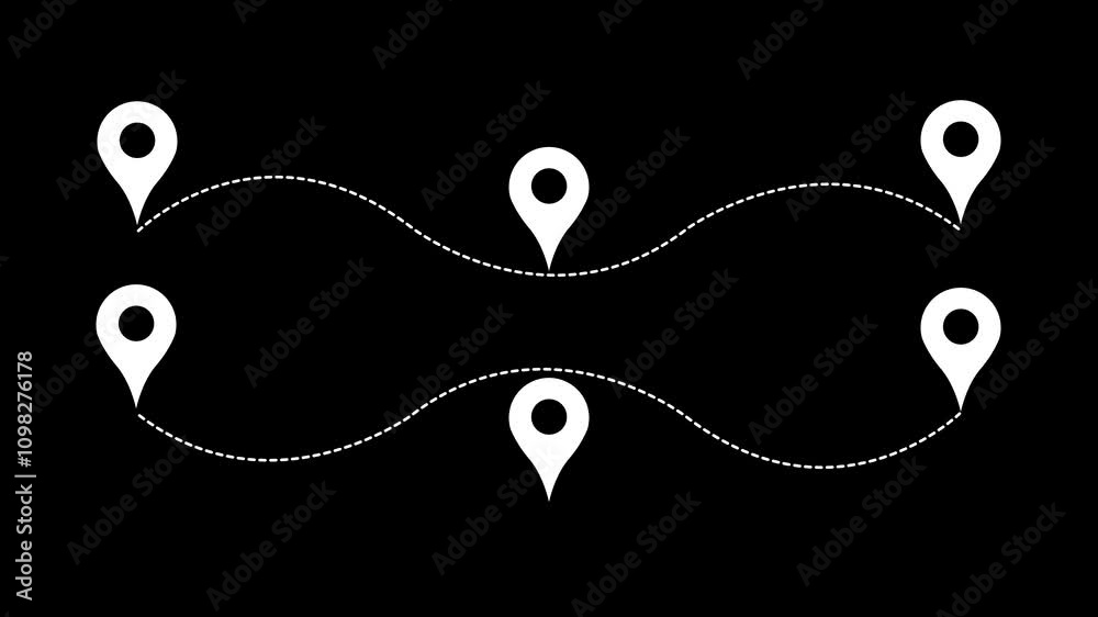 five points with dotted path and location pin.Dot line path route ...