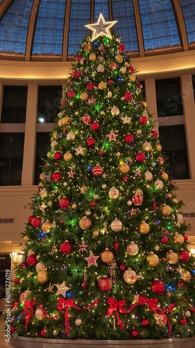 A festive Christmas tree adorned with colorful lights and ornaments at the iconic Country Club Plaza in Kansas City, Missouri, ornaments, holiday photo