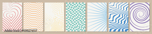 Abstract groovy backgrounds set. Green, beige, yellow and red lines wavy patterns. Minimalistic creativity and art. Back to 80s and 90s. Flat vector collection