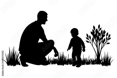 Father and son vector silhouette with grass and trees. vector illustration.