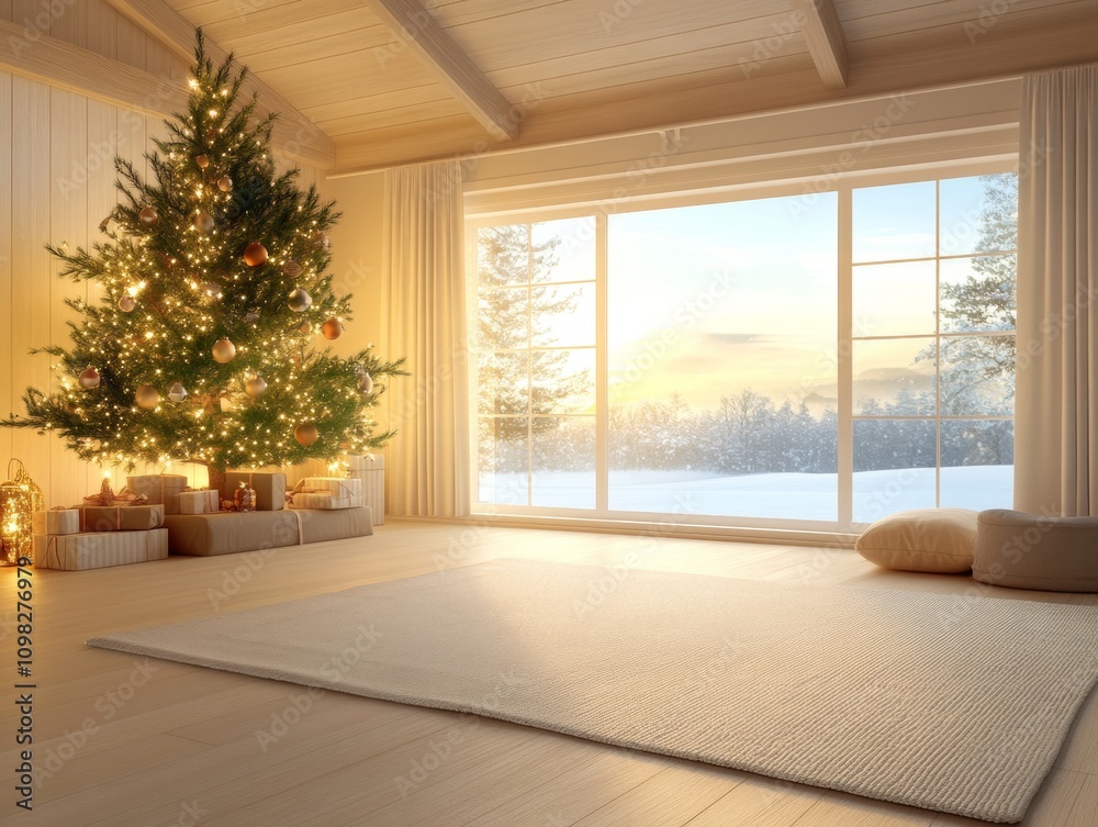 Fototapeta premium Cozy Christmas Cabin Interior with Decorated Tree and Snowy View