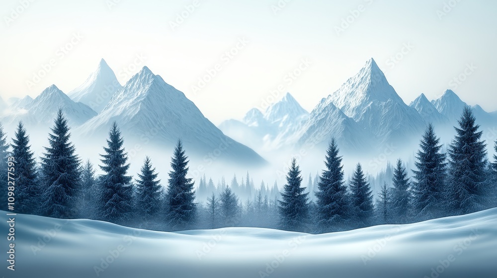 Fototapeta premium Serene Alpine Scene with Soft Focus on Snow-Covered Peaks and Evergreen Trees Captured in Winter's Embrace