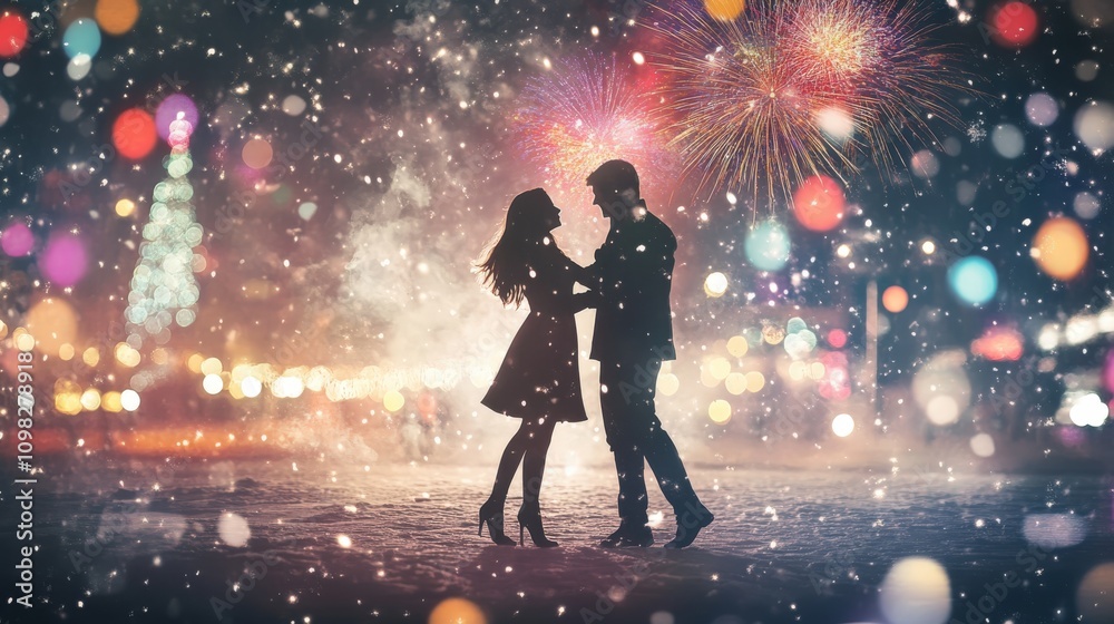 Naklejka premium Romantic Couple Silhouetted Against Fireworks And Snow