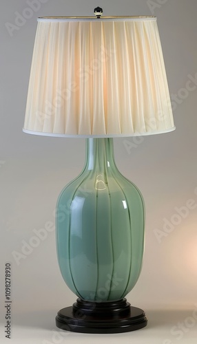 Elegant lamp design featuring black wooden base, jade ceramic body, and sophisticated white shade