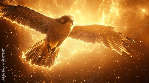 Fiery peregrine falcon in flight, wings outstretched against a blazing background.
