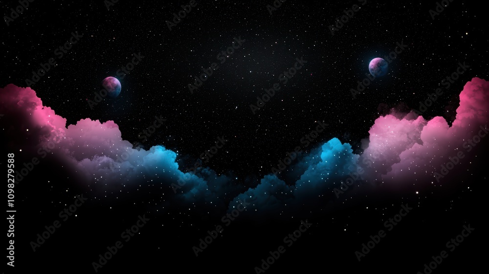 Fototapeta premium A vibrant cosmic scene featuring colorful clouds, two planets, and a starry background, evoking the vastness of space.