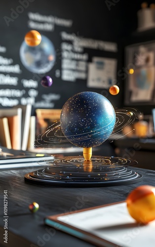 Solar system model on a school desk with books and notes, astronomy lesson, 3D illustration photo