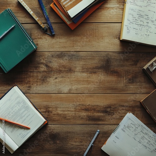 a student desk top view with empty space in the cneter, some textbooks and pens scartted around, texture deetailed randering generative ai photo