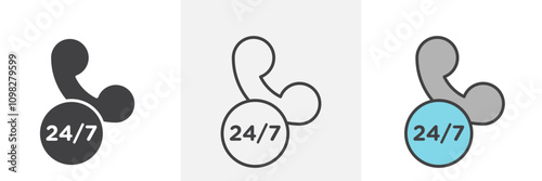 24 7 Emergency call services icon collection in black and white and colored style