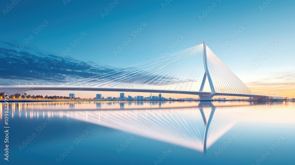 Obraz premium A modern cable stayed bridge illuminated against a twilight sky, its sleek design reflecting in the water below, highlighting the intersection of functionality and aesthetics in urban landscapes.