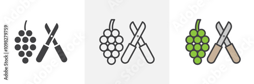 Pruning grape icon collection in black and white and colored style