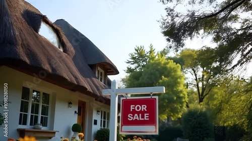 For Sale sign on cottage with thatched roof, home on the real estate market photo