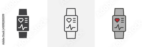 Fitness tracker smart watch icon collection in black and white and colored style