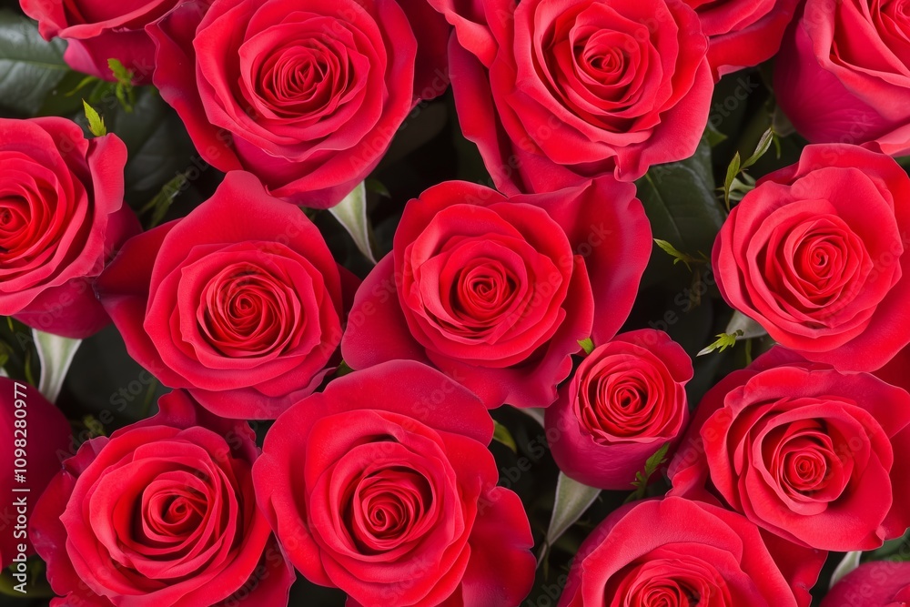 Obraz premium bouquet of red roses, a close-up shot, arranged in an intricate pattern, perfectly blooming and detailed, romantic passion background, valentine's day concept romantic banner