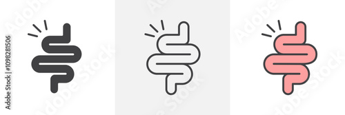 Gut constipation icon collection in black and white and colored style