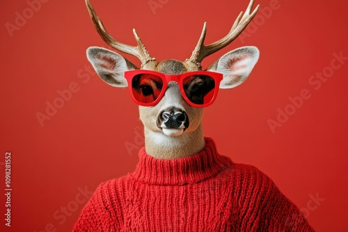 Stylish deer wearing red sunglasses and a cozy sweater against a bright red background, showcasing a fun and playful concept perfect for festive themes and wildlife illustrations