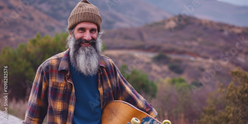 Cheerful elderly hipster with a longboard Generative AI photo