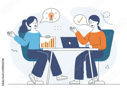People with business idea. Women with charts and laptop. Presentation and discussion, brainstorming. Collaboration and cooperation, partnership. Linear vector illustration