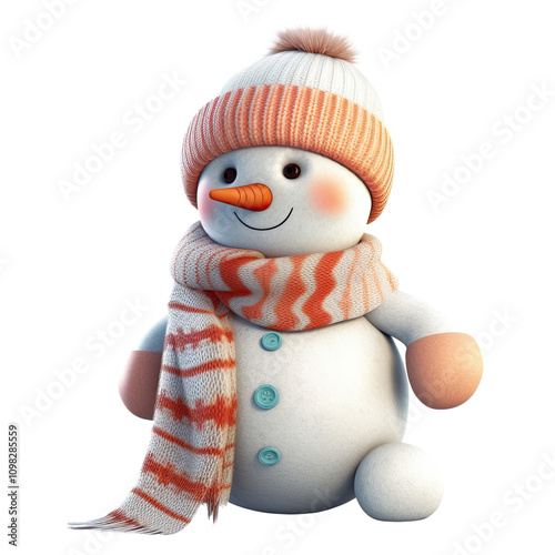 Cute snowman character wearing a hat and scarf, cheerful expression, isolated on a white background. photo