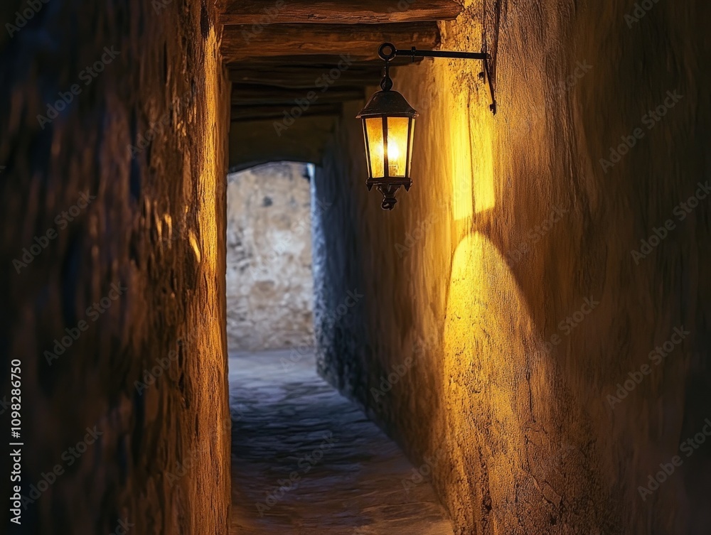 Obraz premium A dimly lit hallway with a vintage lantern illuminating the rustic stone walls.
