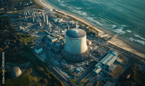 A detailed aerial view of the EPR reactor and nuclear power plant in Flamanville, France photo