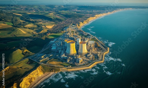 A detailed aerial view of the EPR reactor and nuclear power plant in Flamanville, France photo