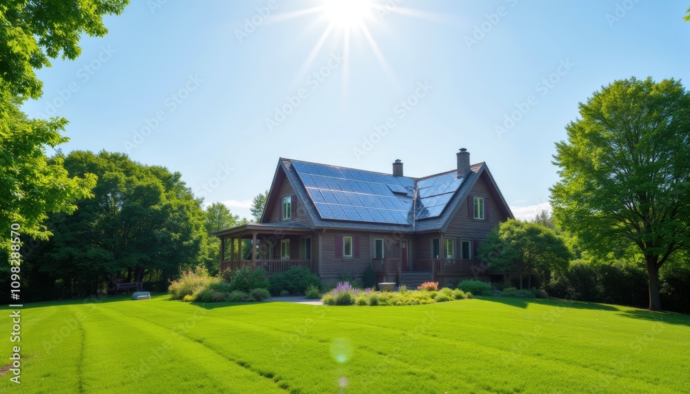 Obraz premium Futuristic home with solar panel roof and vibrant green lawn
